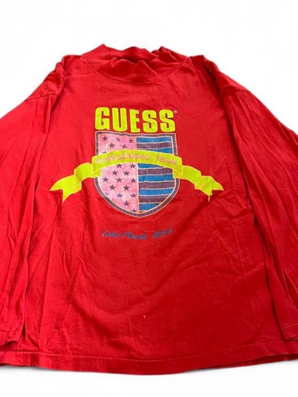 Men’s Vintage 80s GUESS Bobsledding Team Red Graphic Long Sleeve Size S.